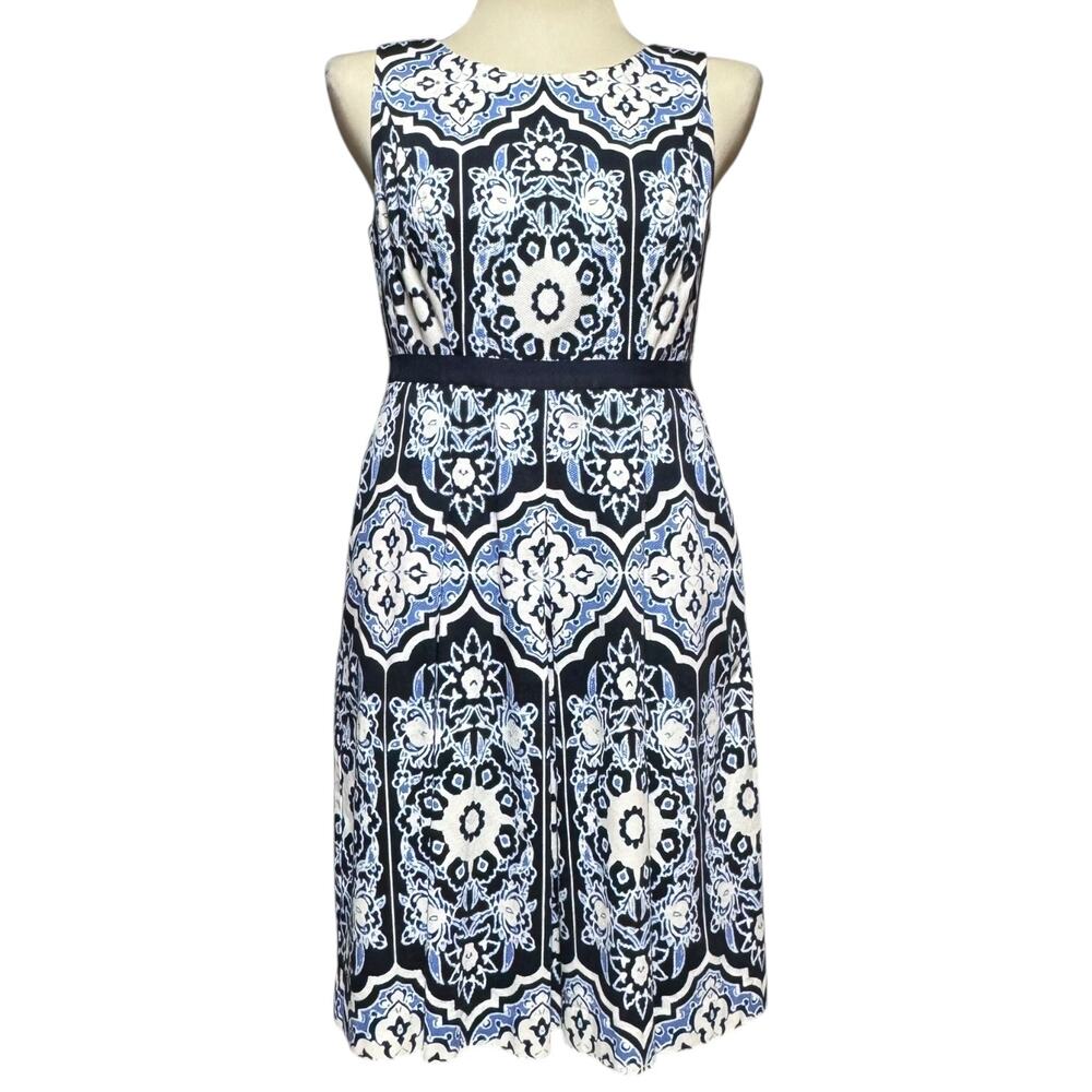 Talbots Cotton Sleeveless Pleated Dress Blue White 6